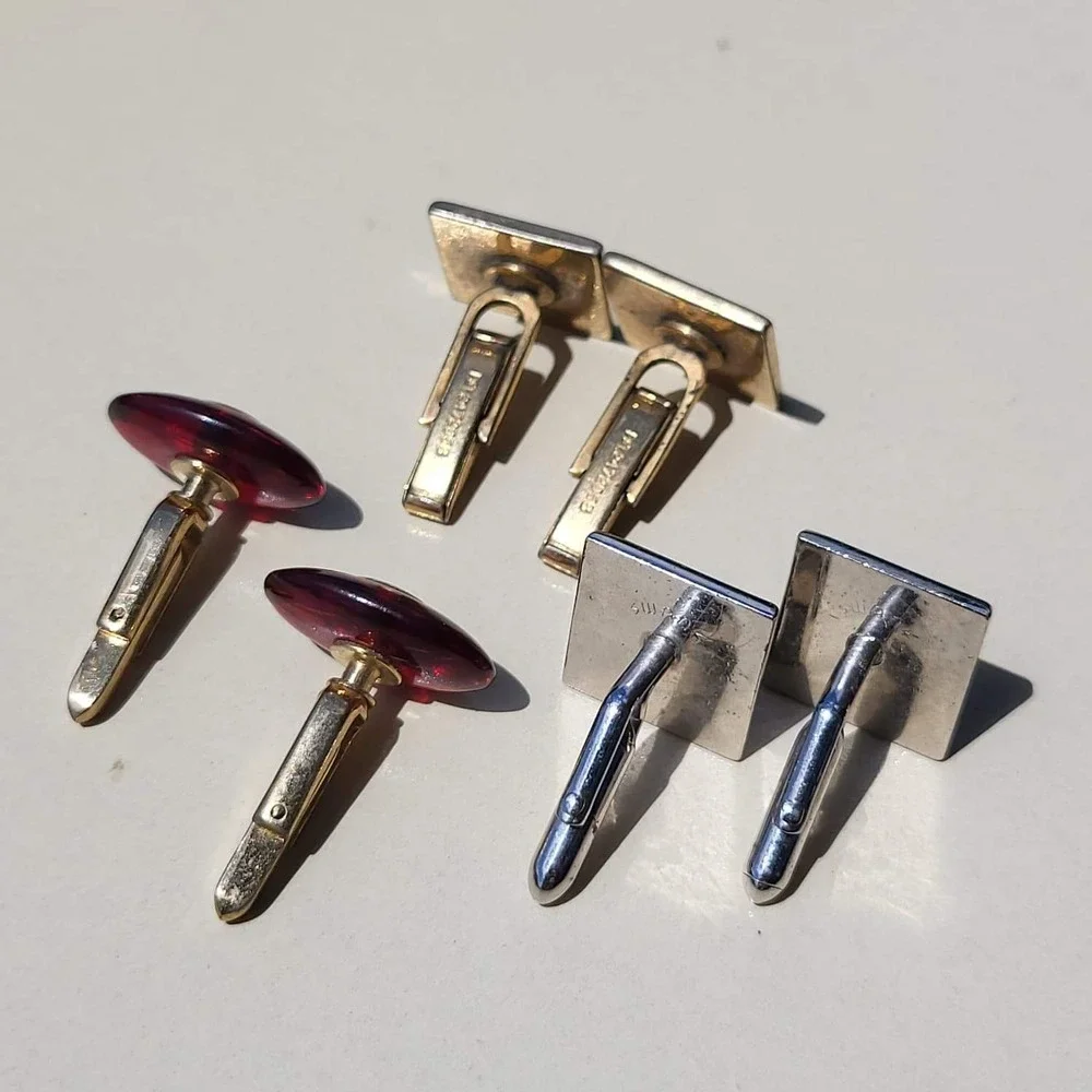 Vintage Mixed Metal Resin Cufflinks Lot Gold Silver Red Starburst Textured